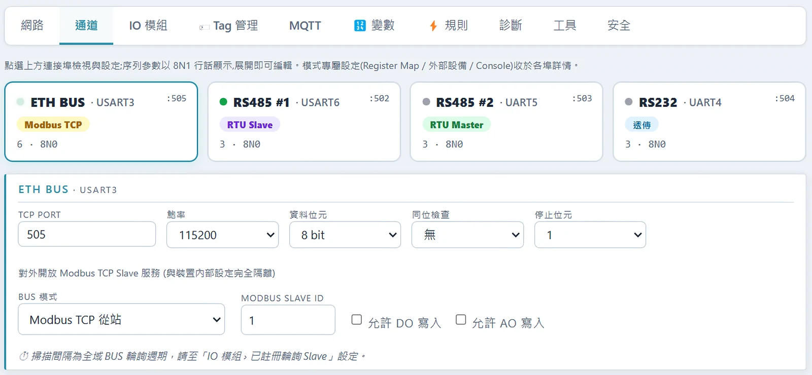 ETH-A2E 通道設定畫面